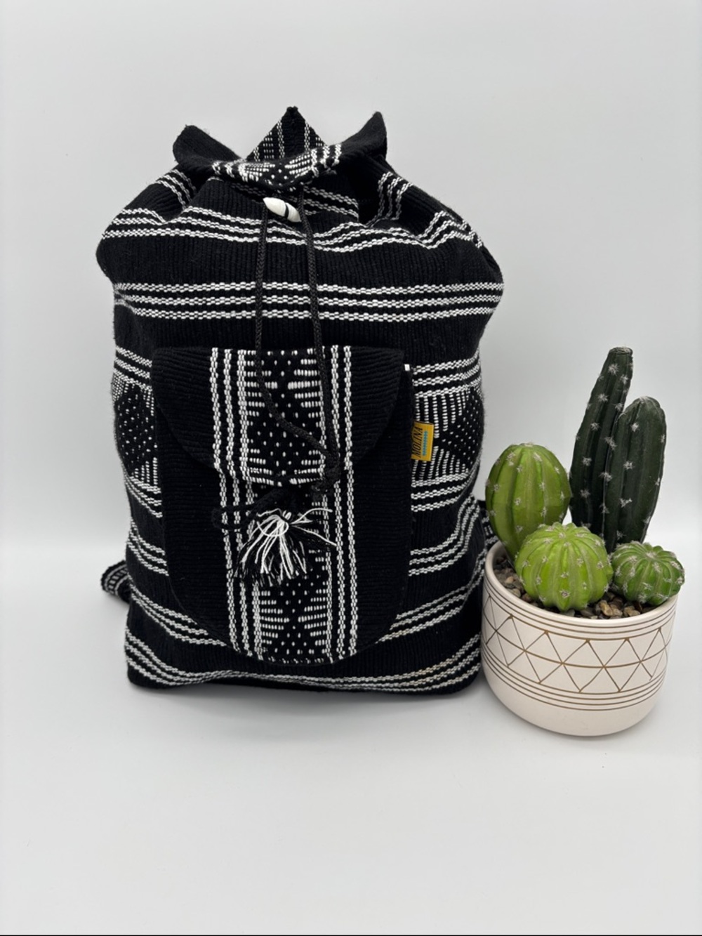 Boho Woven Drawstring Backpack Black White Tribal Southwest Bag
